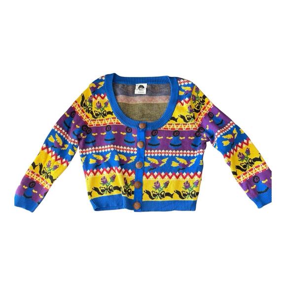 Vintage Betsey Johnson Punk Label Crop Cardigan Alley Cat Fair Aisle Print L Mod - Picture 2 of 16